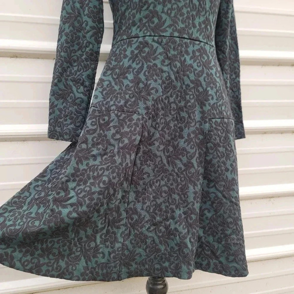 Loft Ann Taylor A-Line Floral Green Black Emerald Dress Long Sleeve Stretch Sz 4 - Picture 11 of 12